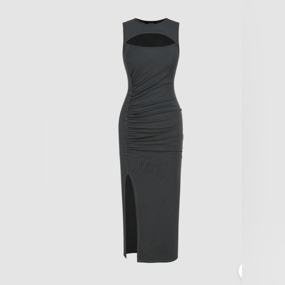 ROUND NECKLINE SOLID RUCHED SPLIT MIDI DRESS Dark Grey Cider